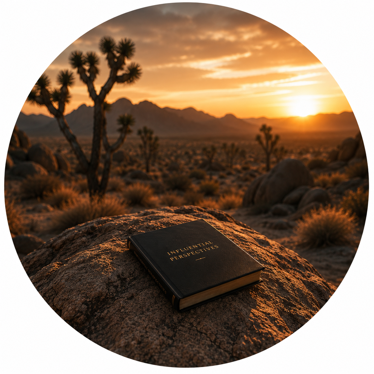 Influential Perspectives book resting on desert rock at sunset