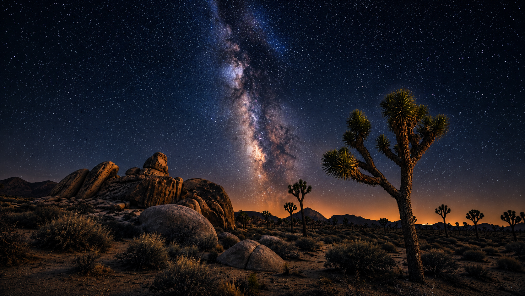Joshua tree silhouette against a star-filled California desert night sky