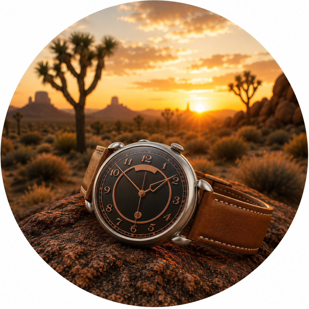 Mojave Strap - tan leather watch straps with quick-release bars on Arizona desert background