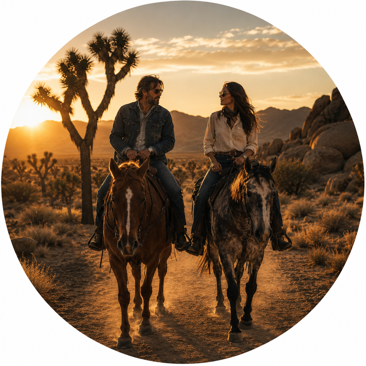 Two riders on horseback in the desert at golden hour