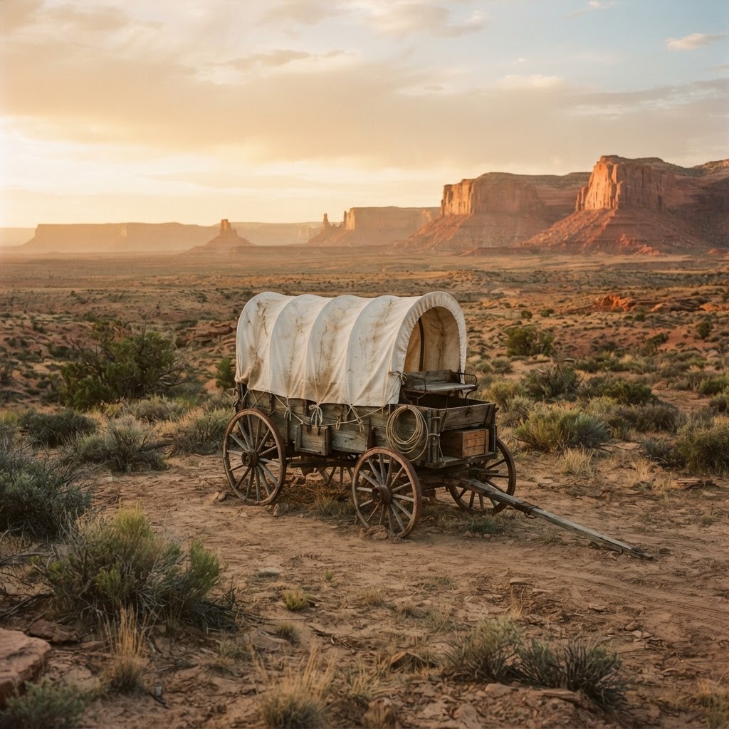 Classic covered wagon in the American desert landscape