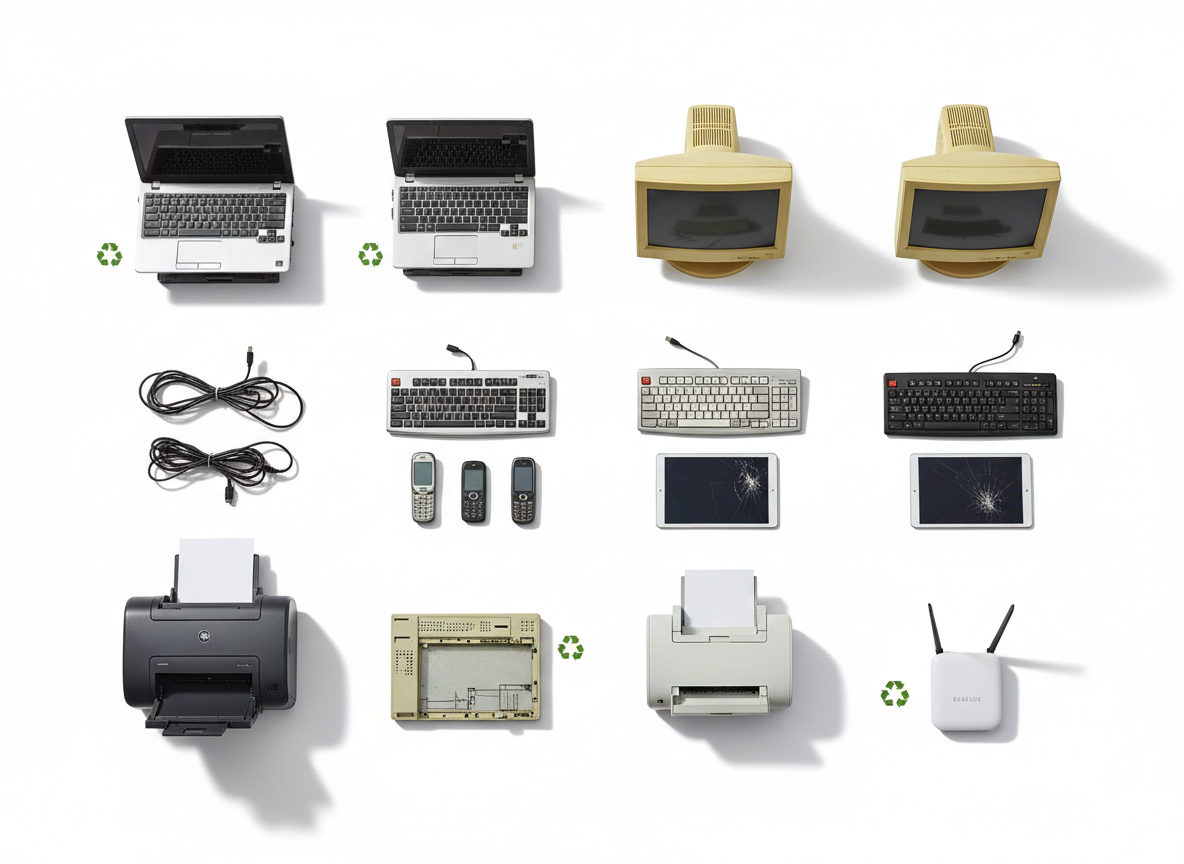 Various electronic waste items including laptops, monitors, phones and cables ready for recycling