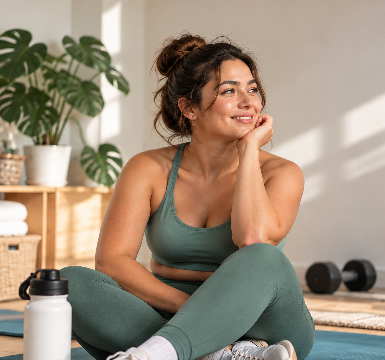 Woman smiling on yoga mat