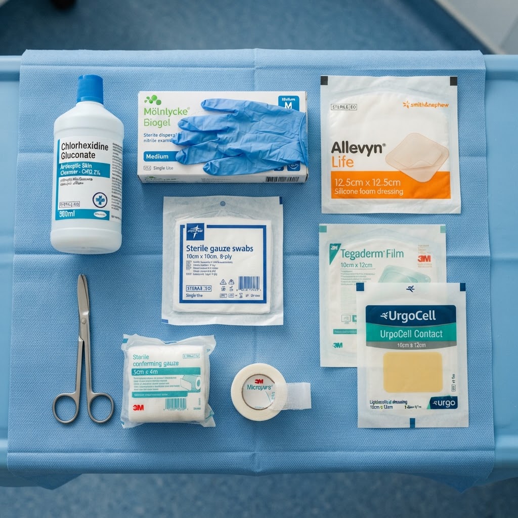 Profesjonalny sprzęt medyczny do opieki nad raną przewlekłą: zaawansowane opatrunki, sterylna gaza, nożyczki, rękawiczki i środek antyseptyczny na czystym niebieskim tle.