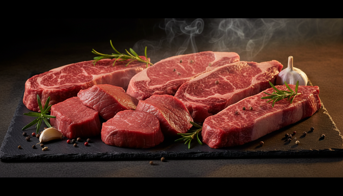 Premium wholesale beef cuts on dark slate - LMC MEATS