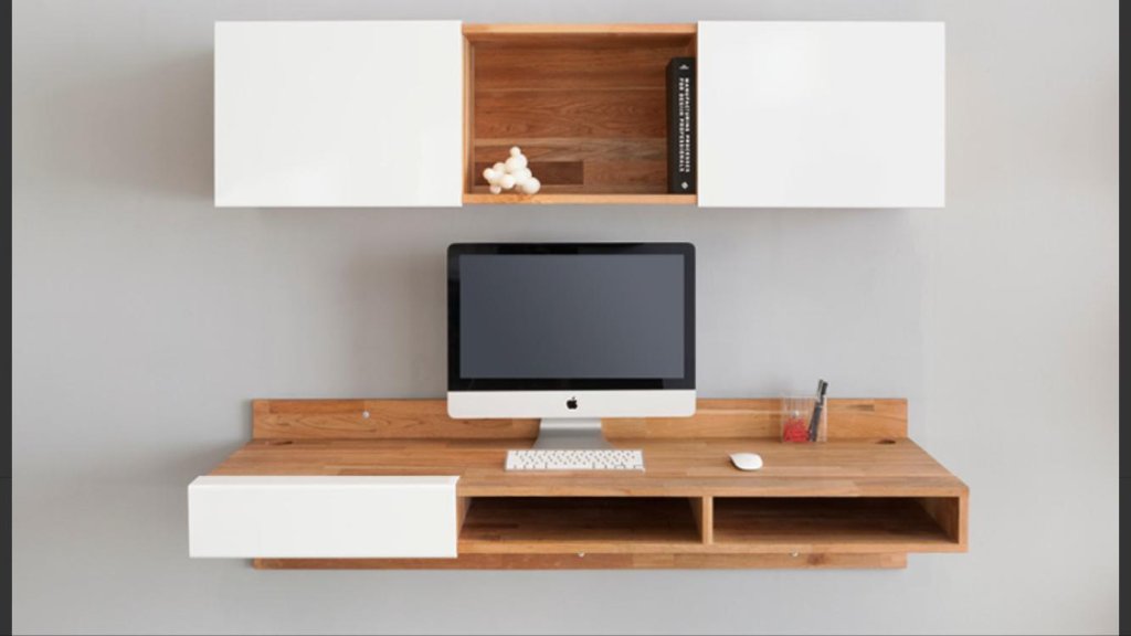 Floating oak and white wall-mounted desk system by HEFF