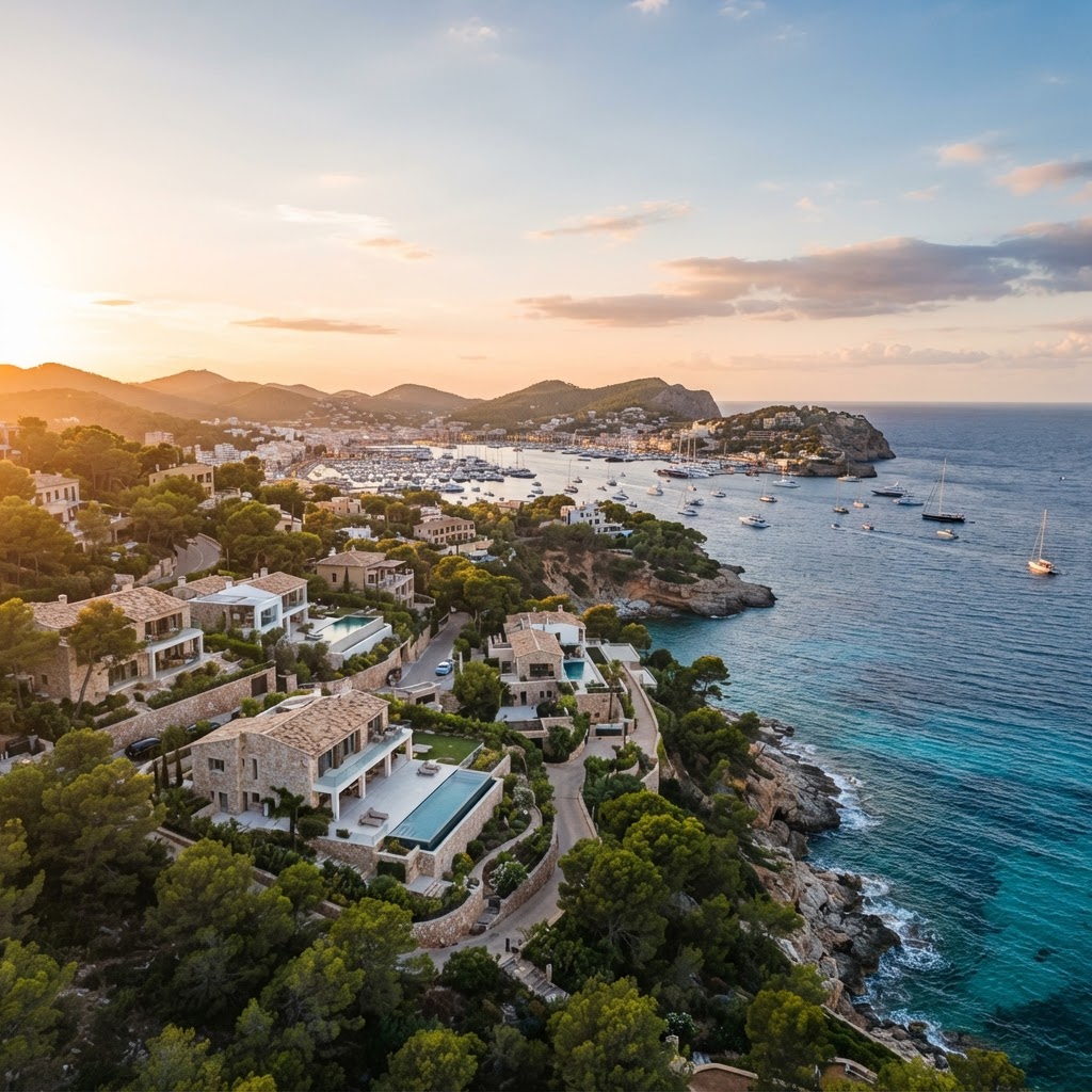 Aerial view of Mallorca's southwest coast with luxury villas and sea views – real estate market report 2026