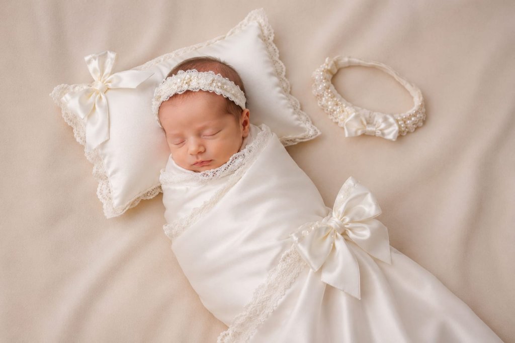 Newborn wrapped in heirloom christening gown