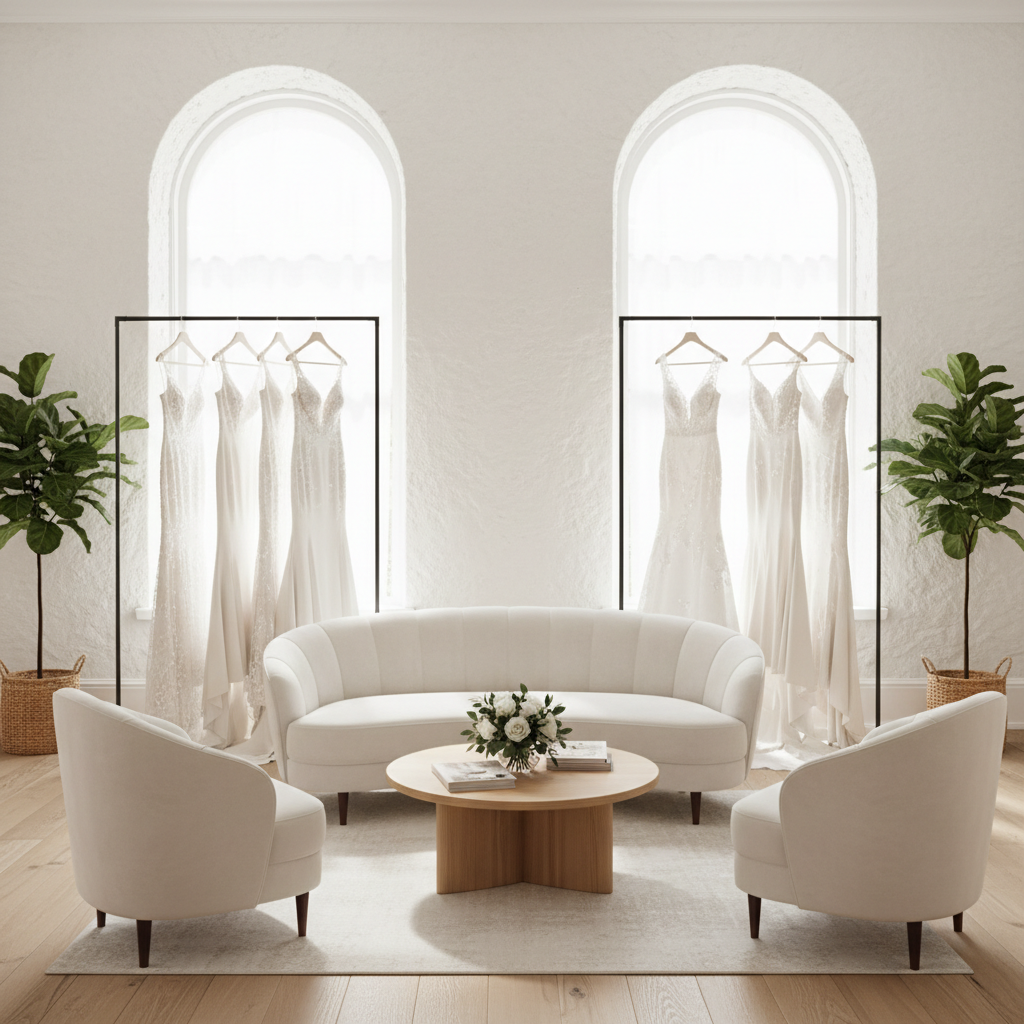 Interior of Occasions Bridal luxury boutique with elegant white decor and crystal chandelier