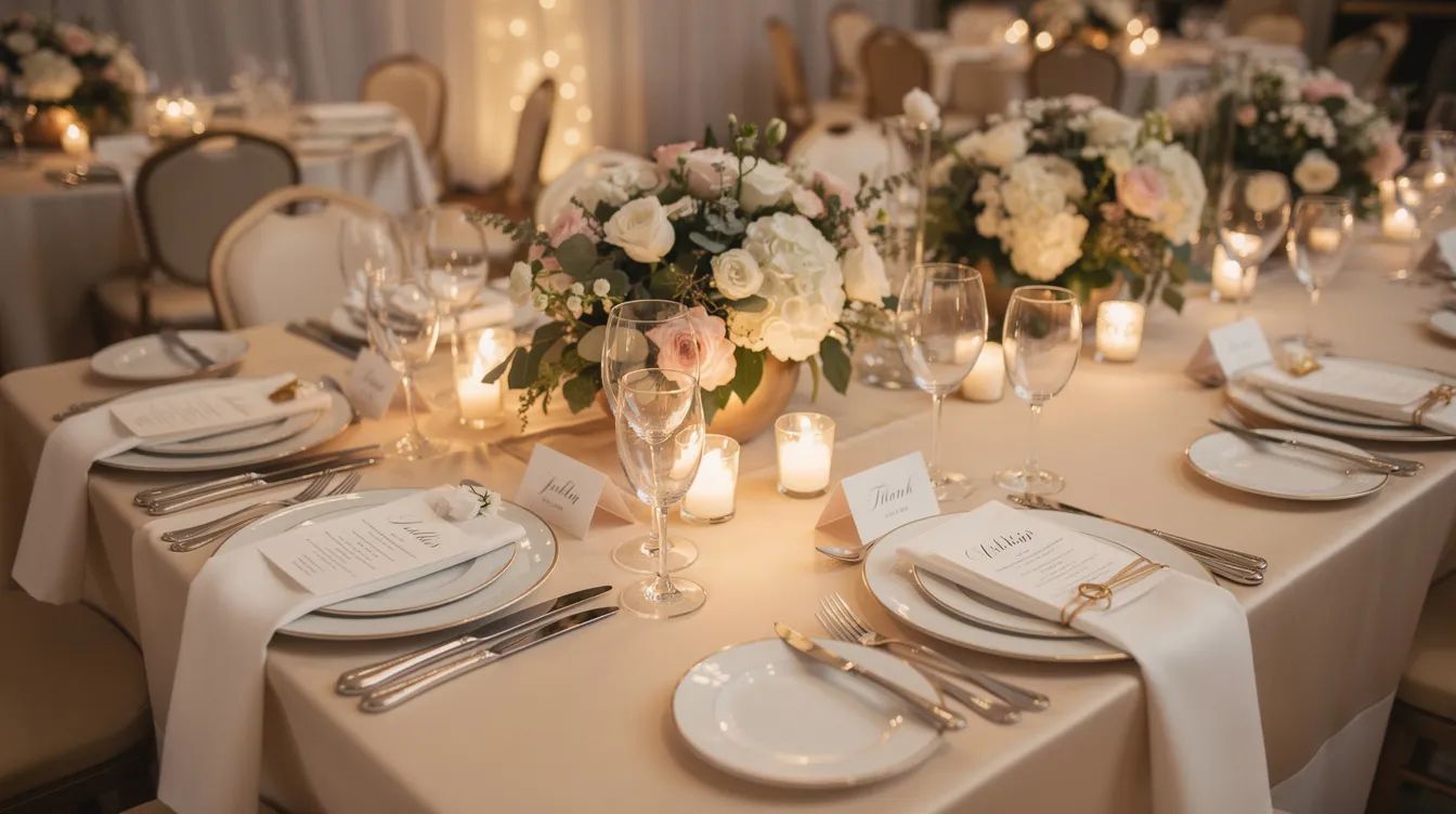 Elegant wedding reception table setting with florals and candlelight