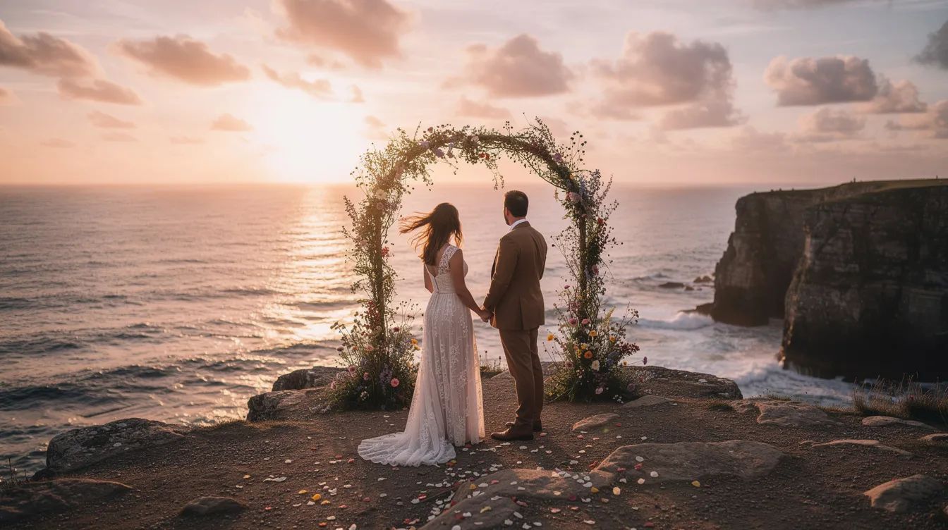 Bride and groom under a floral arch on a cliffside at sunset