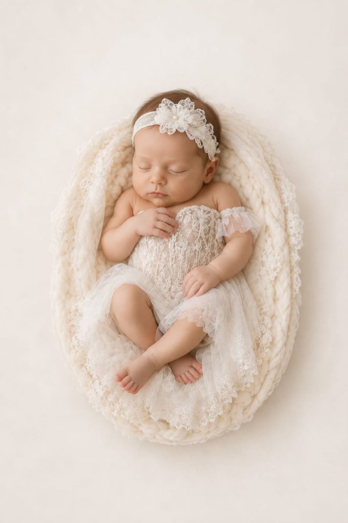 Newborn baby in christening outfit made from wedding dress lace