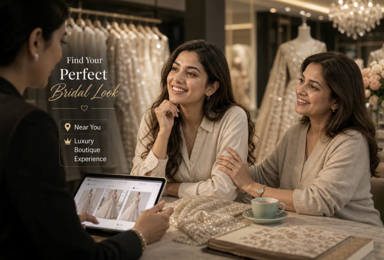 Brides enjoying a luxury consultation and browsing bridal wear near me