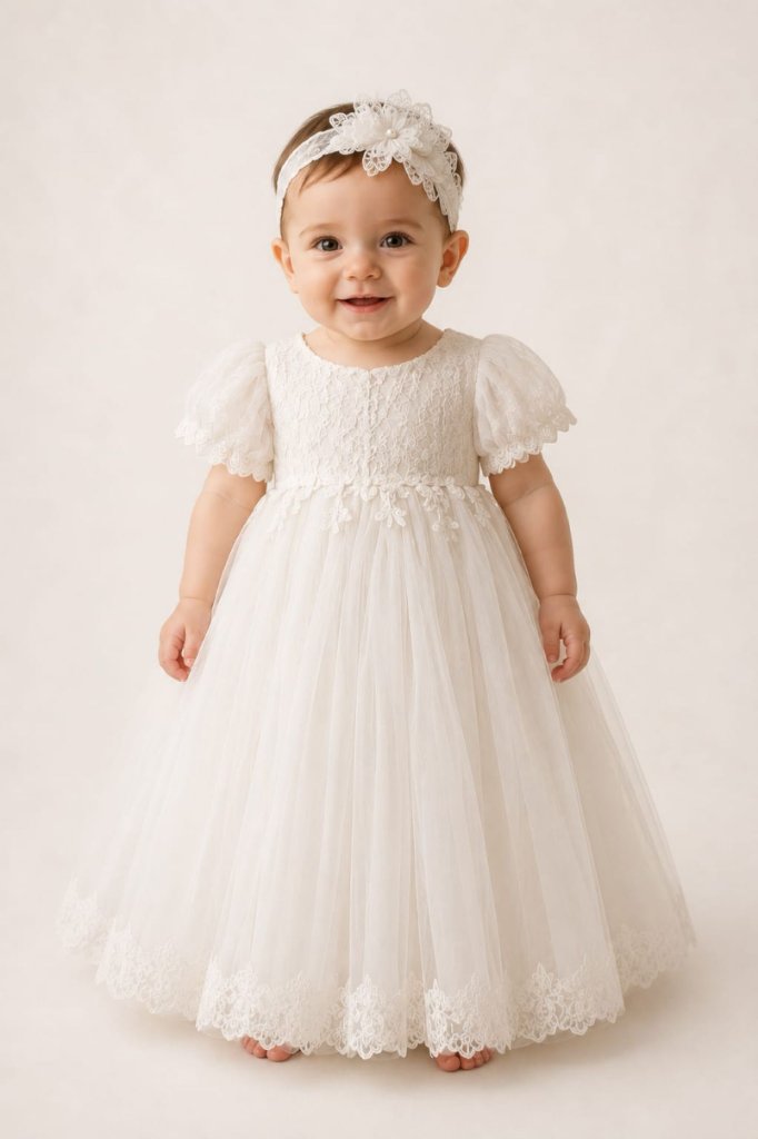 Young child in dress made from recycled wedding dress fabric
