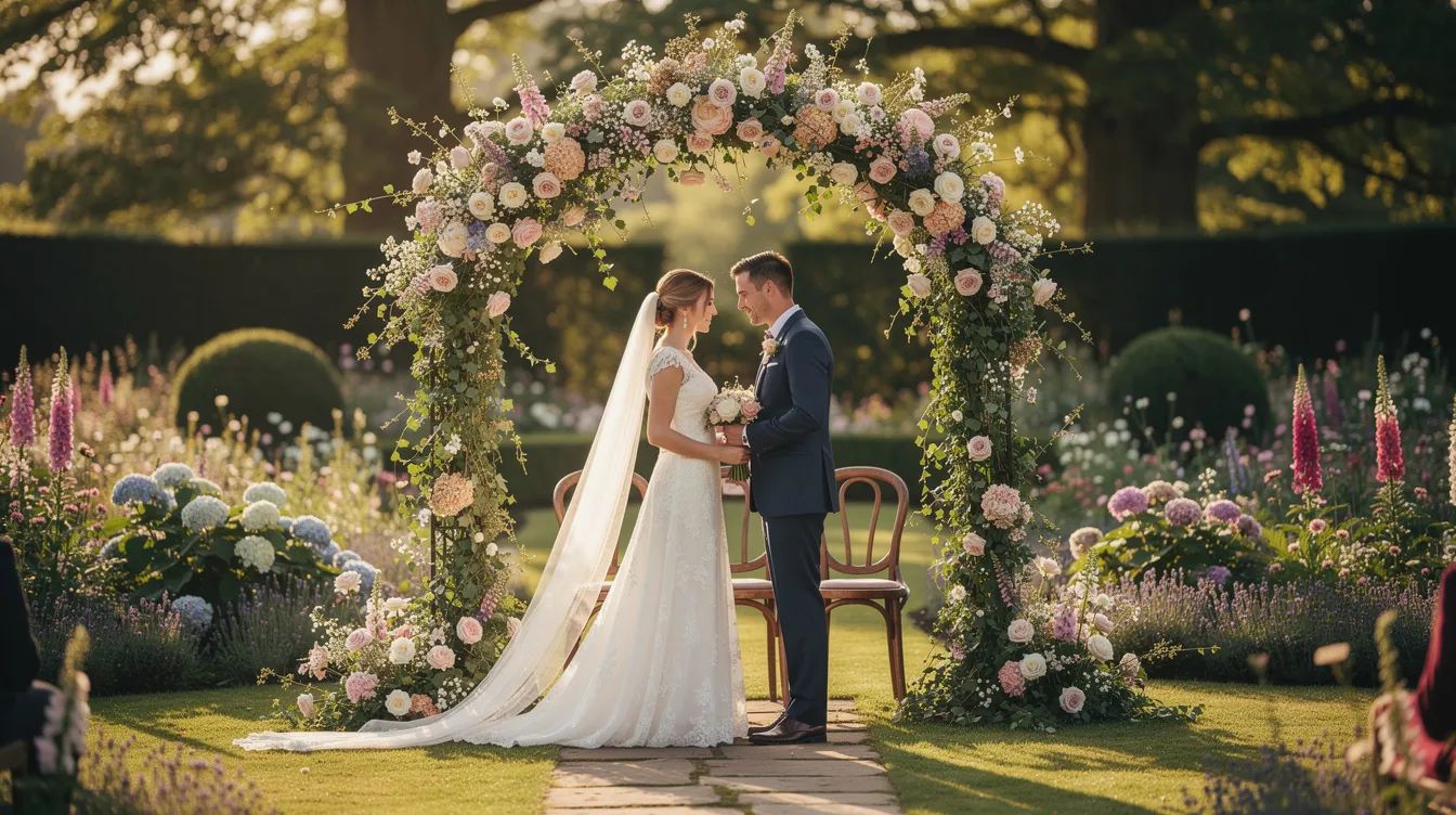 Bride and groom under a floral wedding arch in an English garden