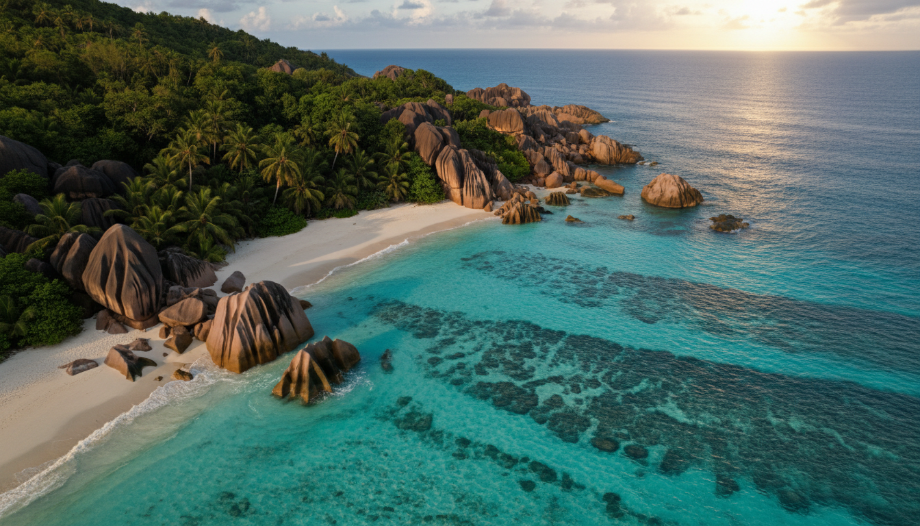 Seychelles granite beach with turquoise waters