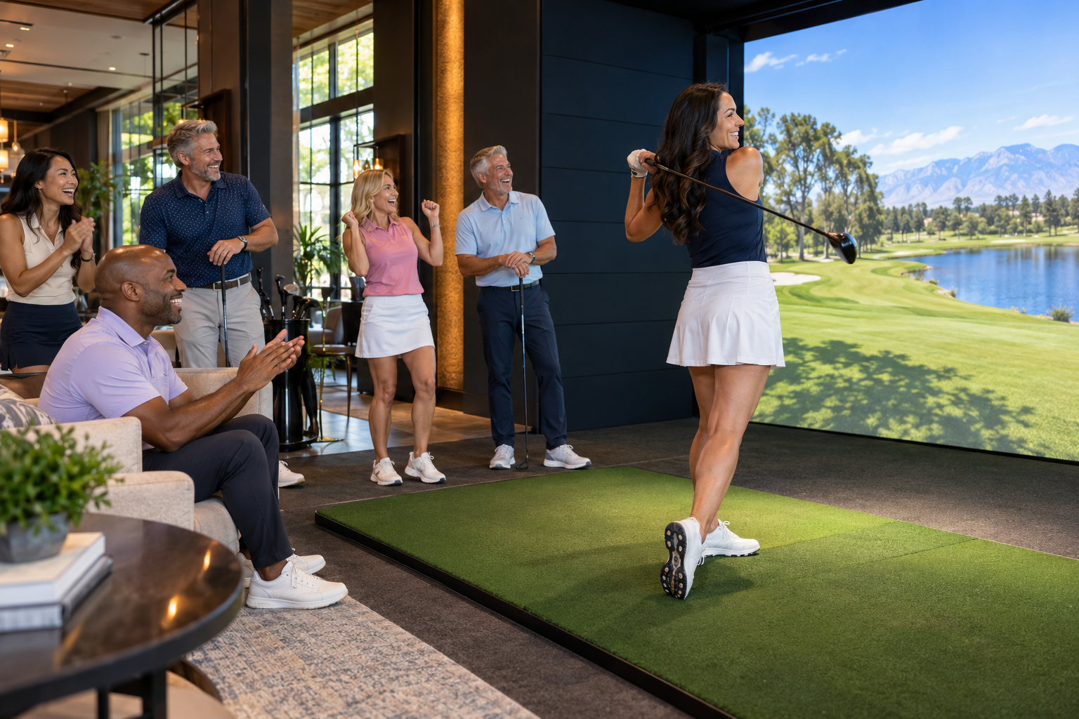 Friends enjoying an indoor golf simulator gathering