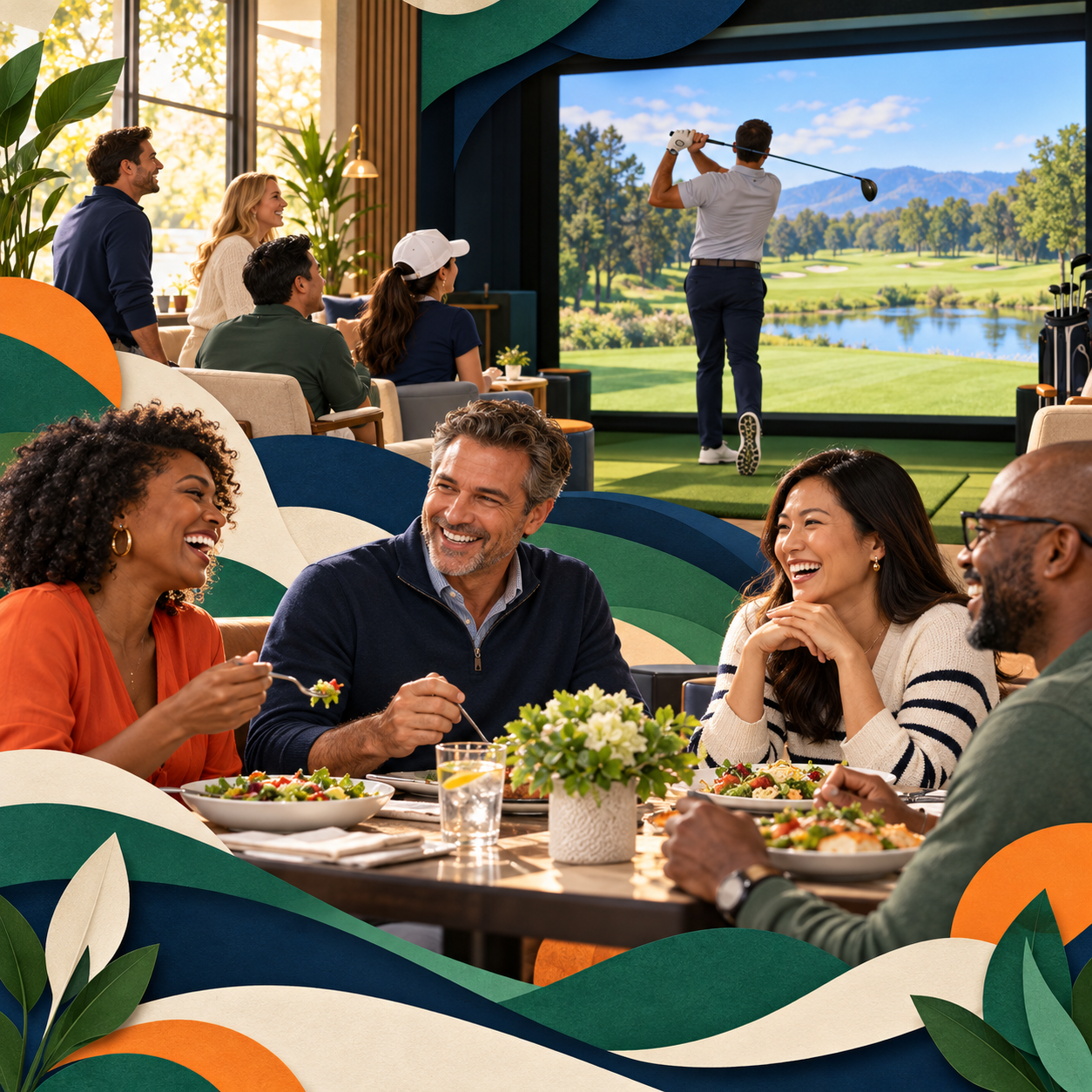Friends sharing a meal together at an indoor golf simulator lounge