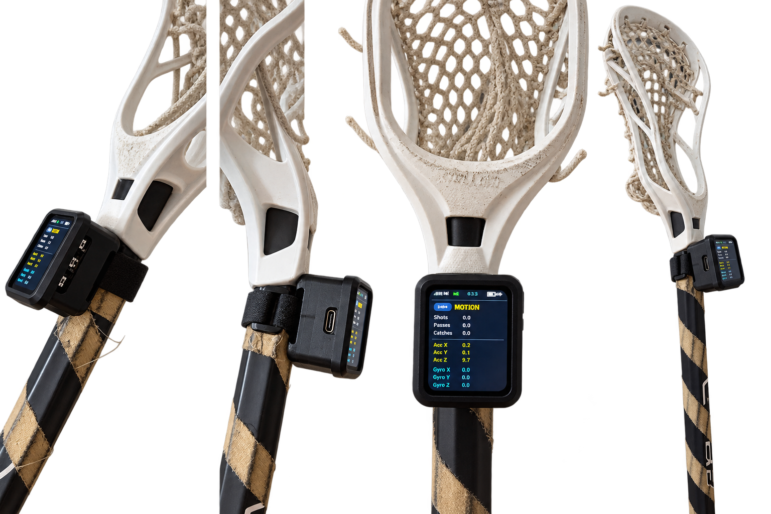Sticklytics sensor mounted on a lacrosse stick β front, side, and zoomed screen view