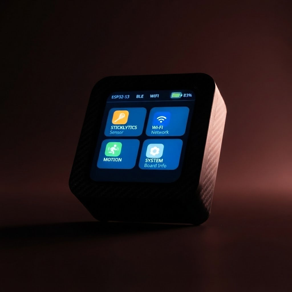 Sticklytics sensor — matte-black housing with live OLED display