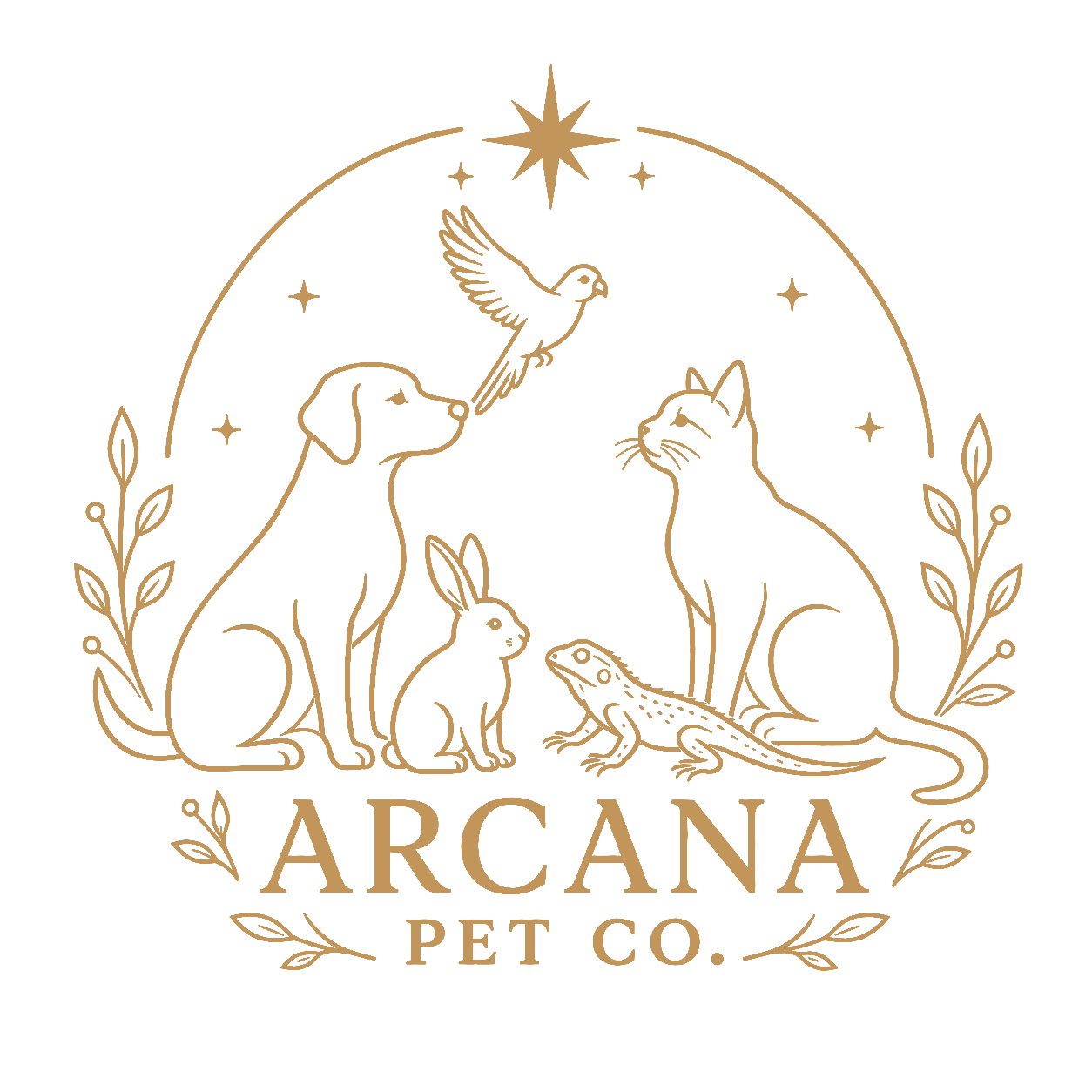 Arcana Pet Co. celestial animal logo featuring a dog, cat, bird, rabbit, and reptile