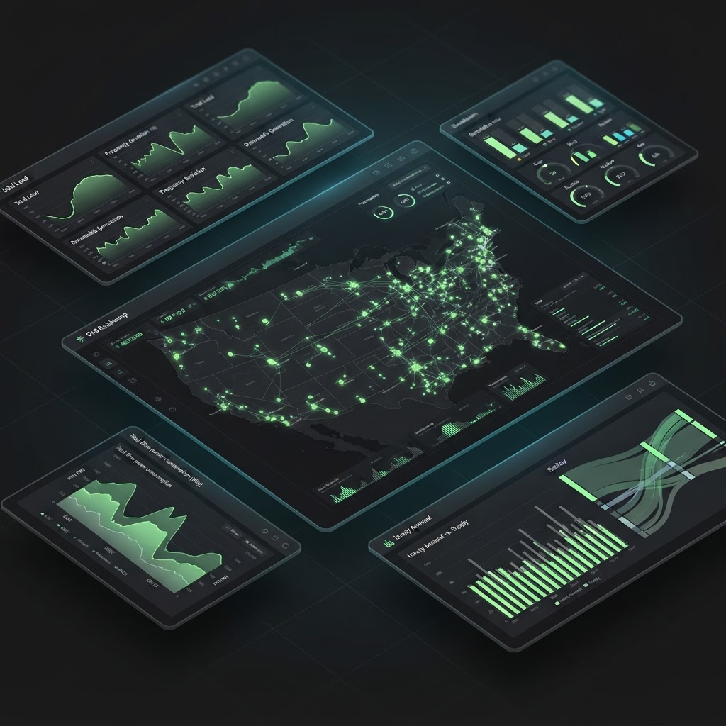 Dark dashboard showing real-time energy grid data visualization with charts and a US grid map