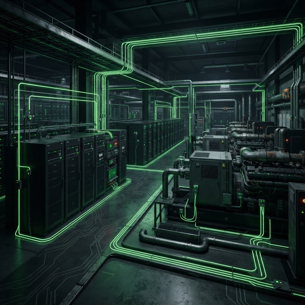 Automated data center energy infrastructure with batteries, generators, and IoT sensors connected by glowing green signal lines