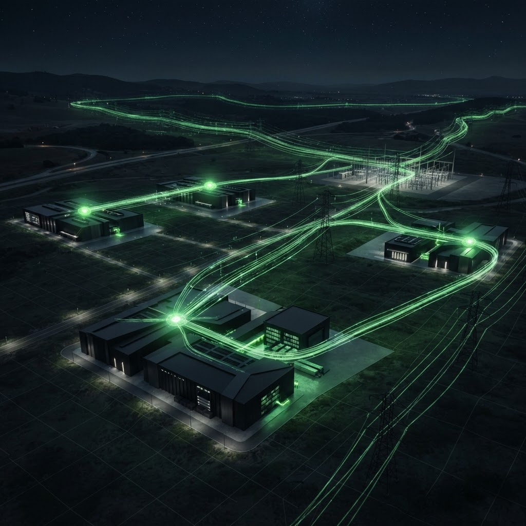 Aerial view of multiple data centers connected by glowing green light trails and grid transmission lines, showing AI workloads distributed across sites in response to grid conditions