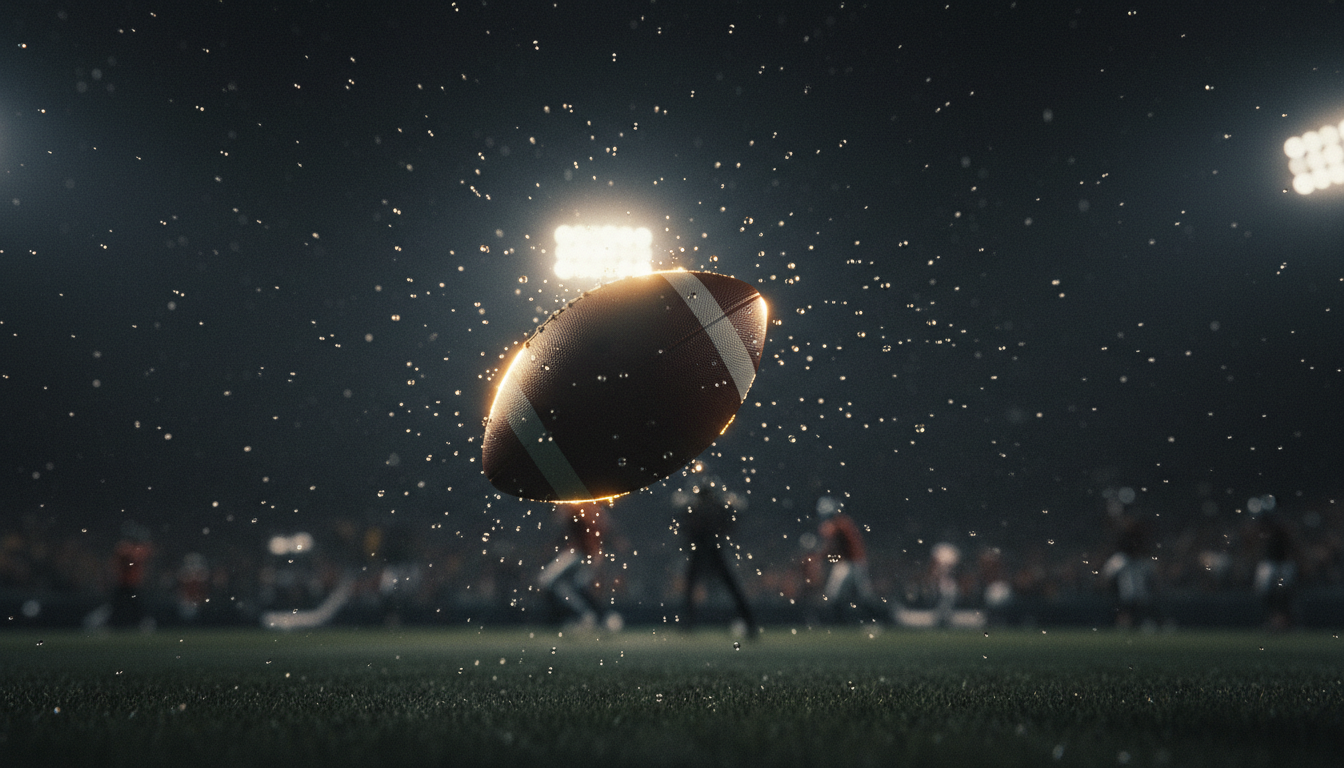 Football spiraling through stadium lights at night
