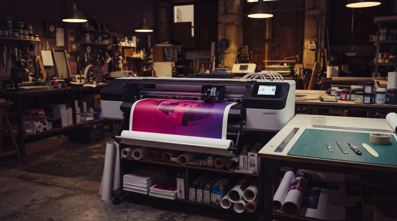 Oficina de produção KRISGRAPHICS com impressão em curso