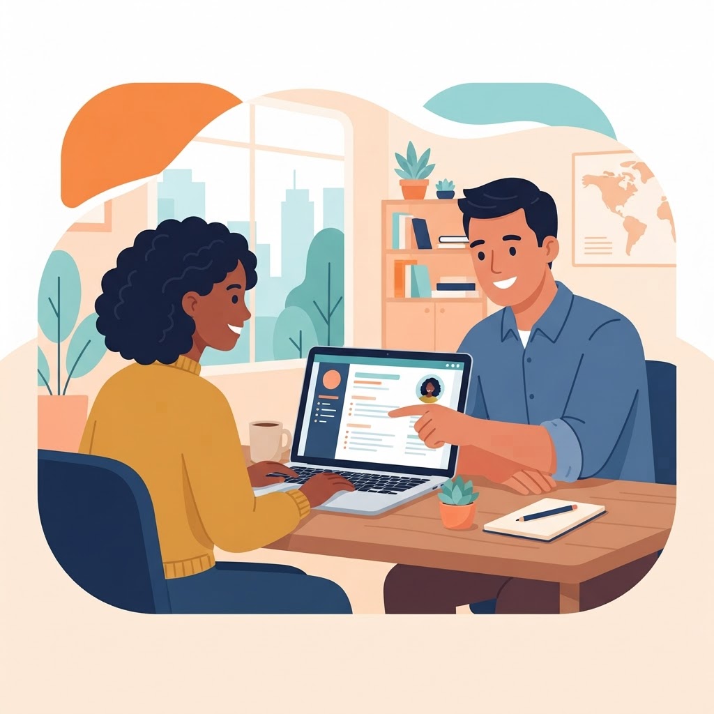 Illustration of a job seeker working on their CV with support from a mentor