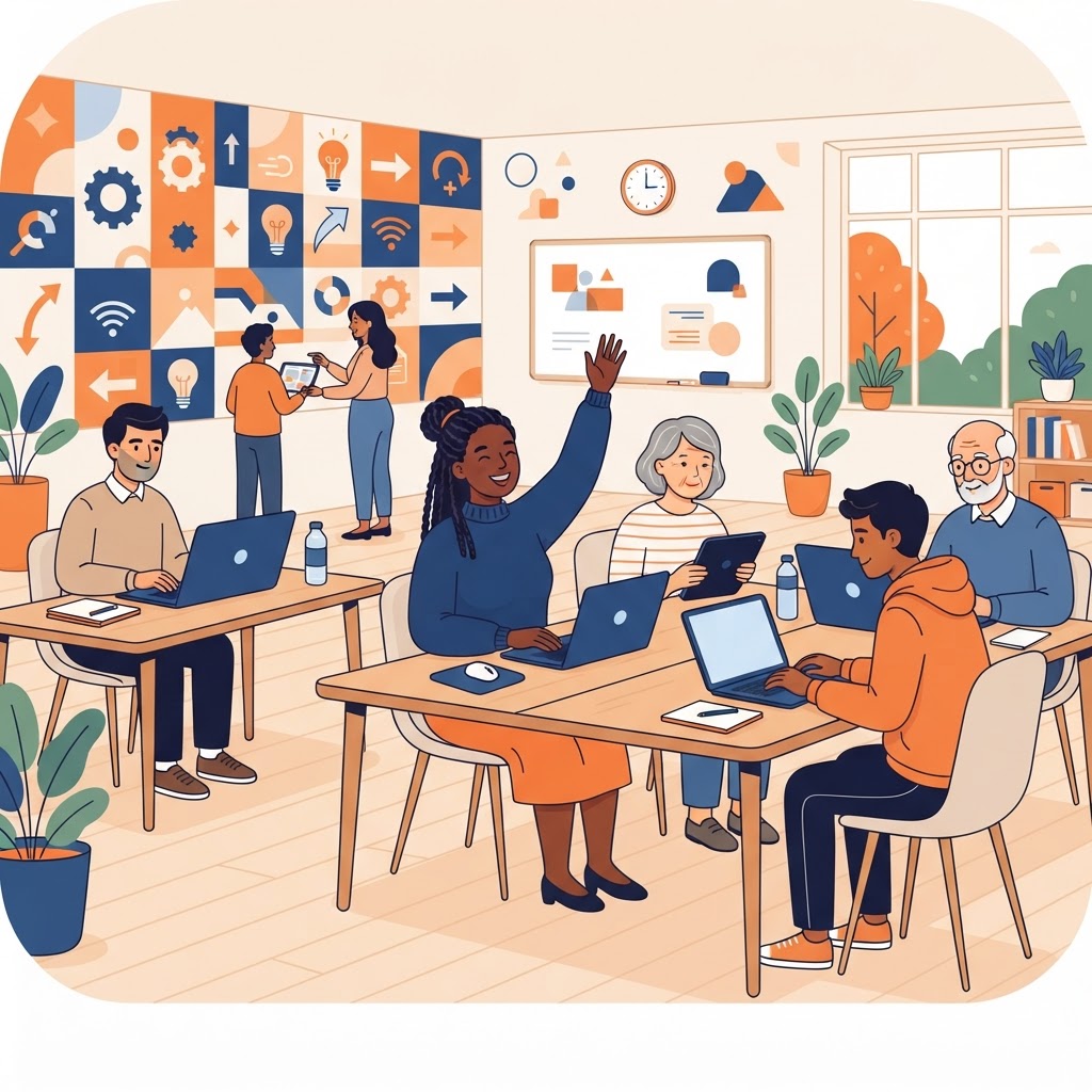 Illustration of a diverse group practising digital skills on laptops in a community classroom