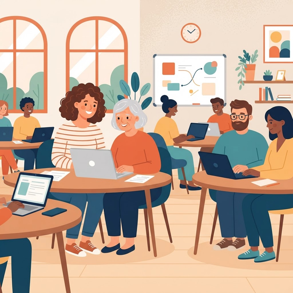 Illustration of adults learning computer skills together at a friendly community centre in Bristol