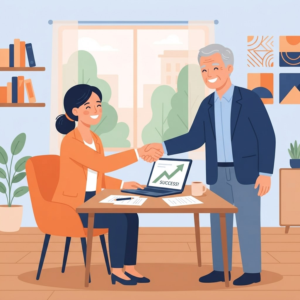Illustration of a successful job interview coaching session with a friendly advisor