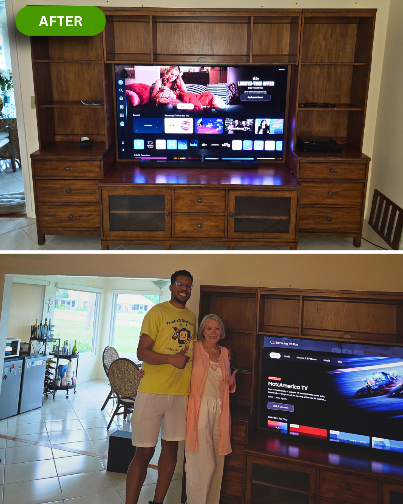 Before and after TV mounting - happy customer with Tarick's TV Mounting technician