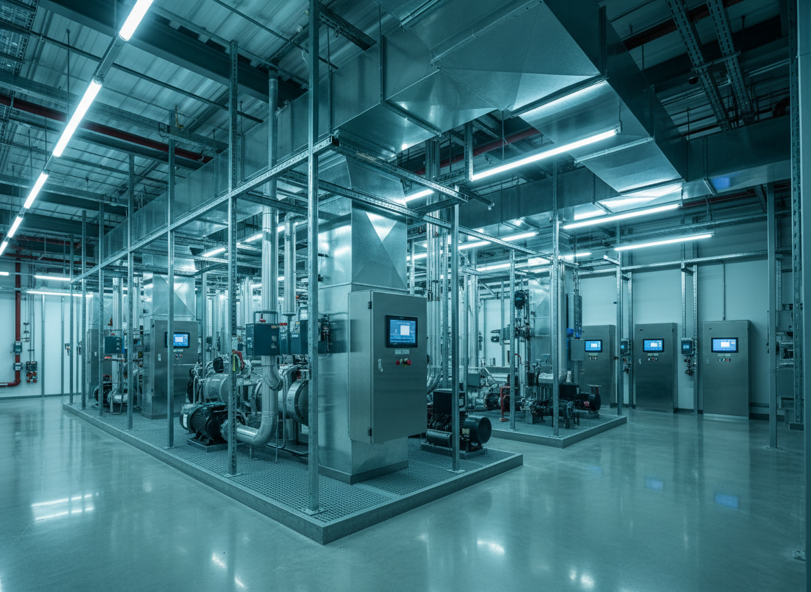 Modern HVAC mechanical room with professional equipment