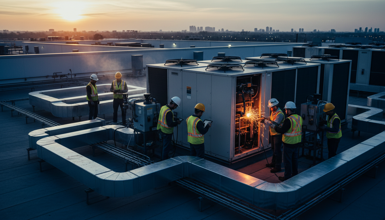HVAC professionals working on commercial equipment