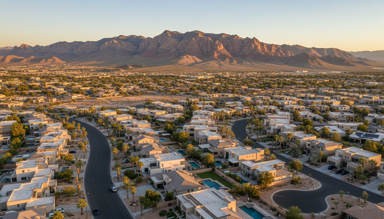 Las Vegas valley aerial view with Red Rock Canyon mountains