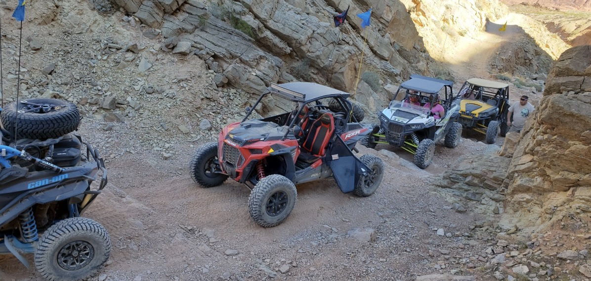 Rebecca with her French Bulldog on a UTV desert trail near Red Rock Canyon