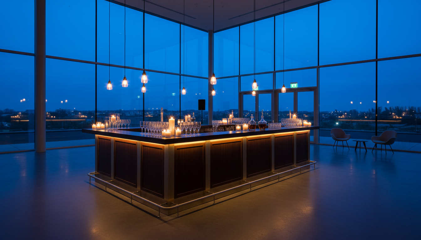 Sleek mobile bar setup in modern architectural space at twilight