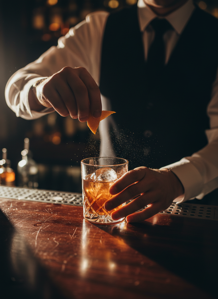 Bartender crafting a cocktail with orange peel