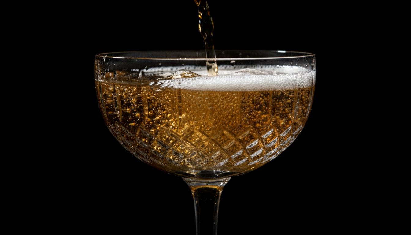 Crystal coupe glass being filled with golden cocktail