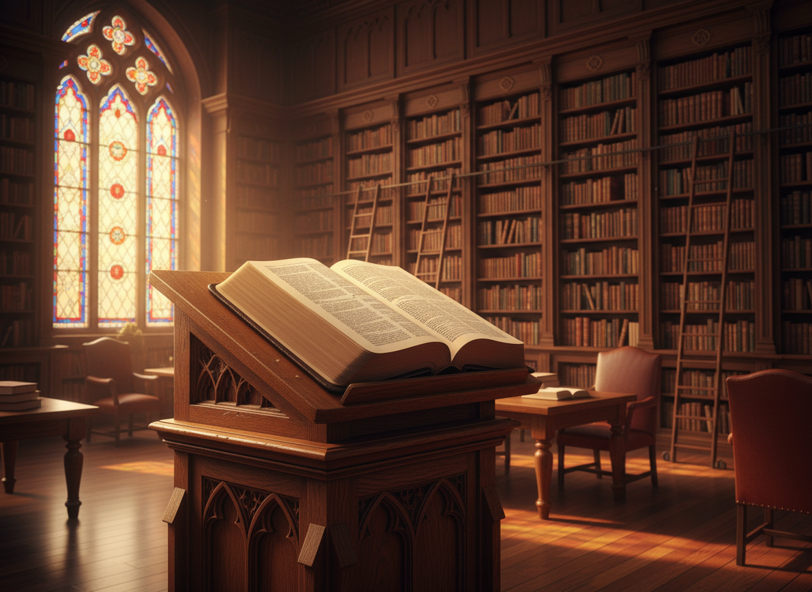 Seminary library with open Bible