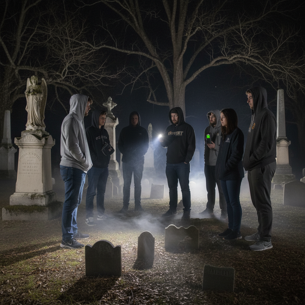 Modern investigators at night in a Georgia cemetery