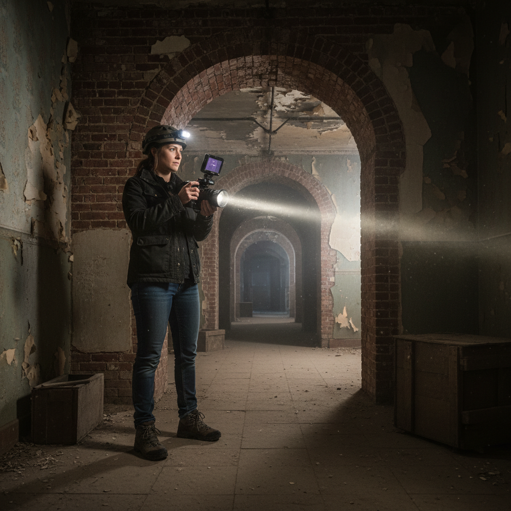 Investigator with full-spectrum camera in an abandoned basement corridor