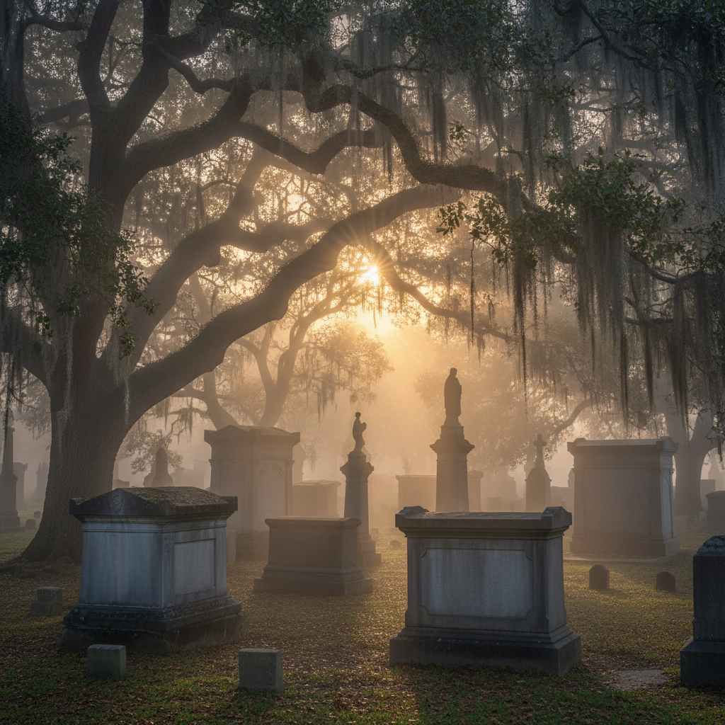 Bonaventure Cemetery at dawn — morning fog and ancient oaks