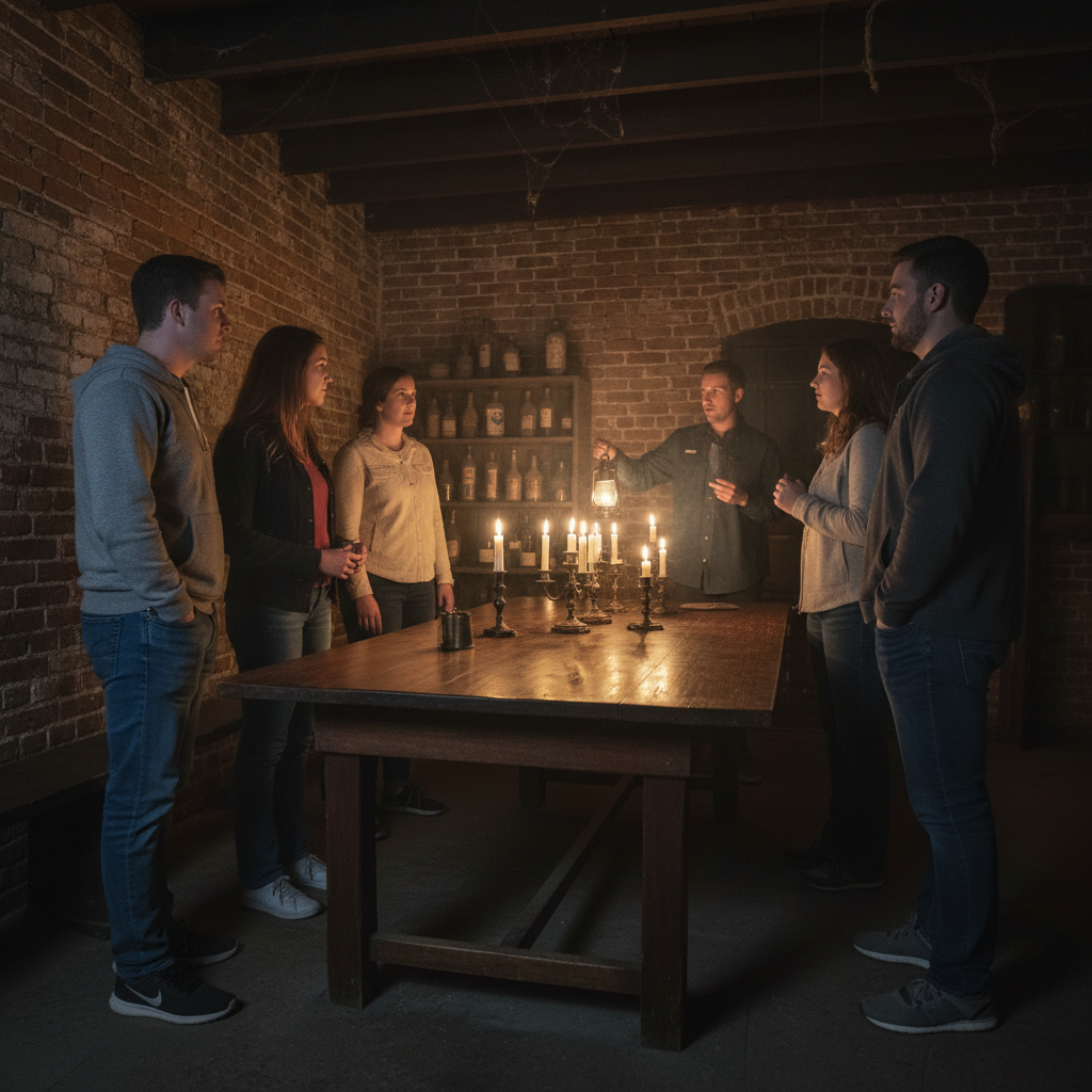 Guests gathered inside a centuries-old Southern tavern by candlelight