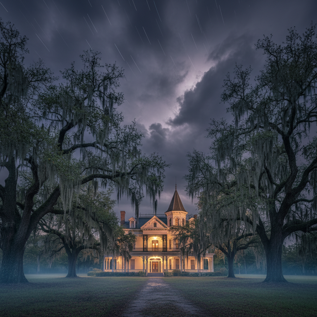 Historic mansion beneath a dramatic Georgia night sky