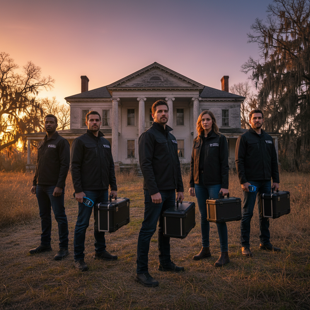 The Hauntology Labs investigation team outside a historic mansion