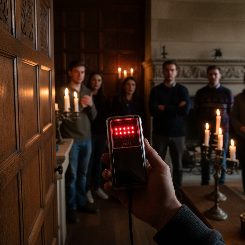 EMF meter lighting up inside a dimly lit historic home